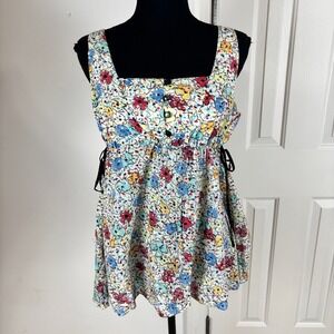 Fei Anthropologie Floral Babydoll Tunic Top Cotton Side Tie Multi Color Size 10